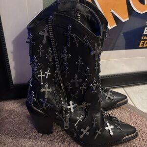 Black Embellished Cross Western Ankle Boots - Women